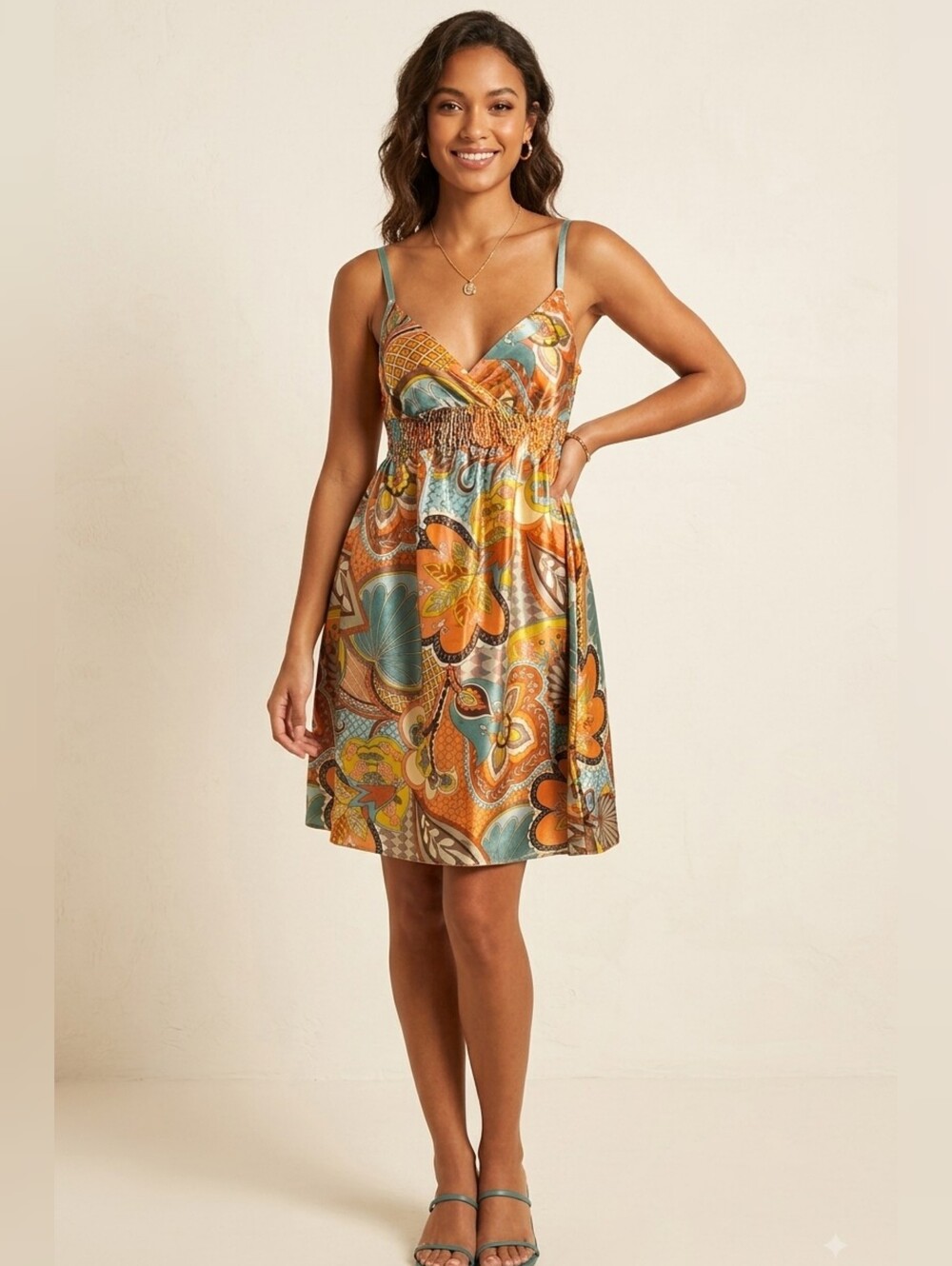 Derek Heart women's smocked Colorful Paisley Spaghetti Strap Sundress Size Small